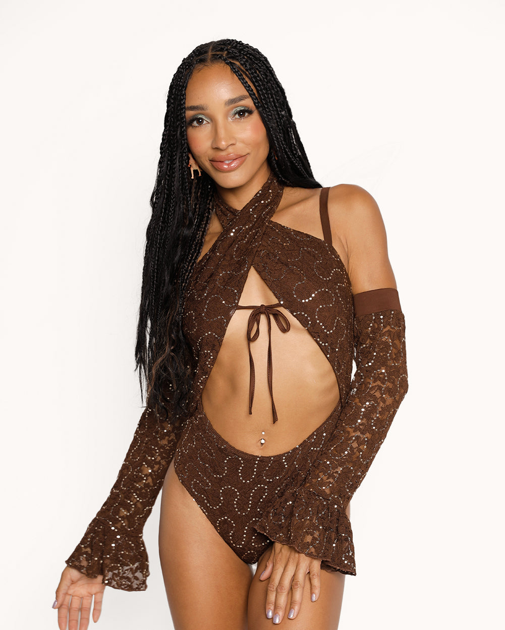 Flitteriffic Halter Bodysuit-Brown-Front--Courtney---S