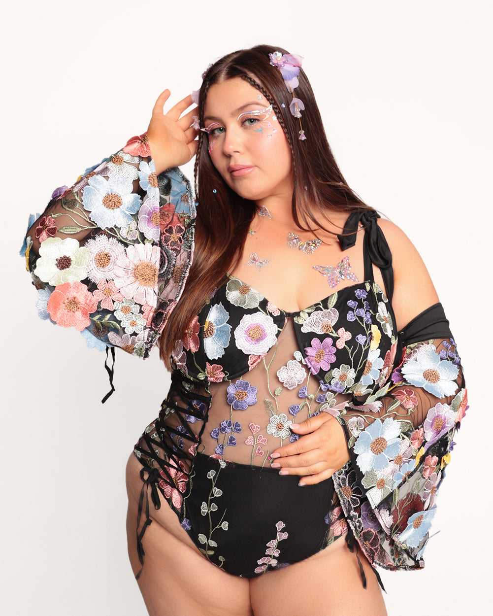 Floral Oasis Bodysuit Set-Black/Blue/Pink-Curve1-Front--Milani---1X