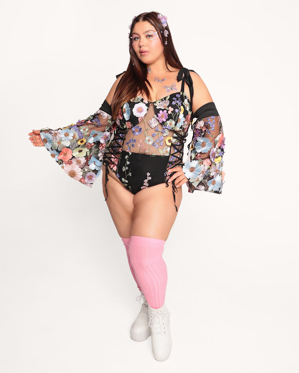 Floral Oasis Bodysuit Set-Black/Blue/Pink-Curve1-Full--Milani---1X