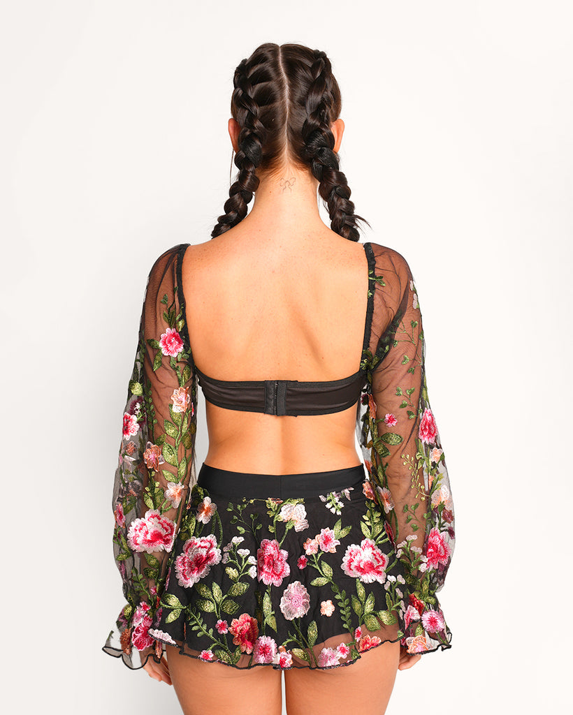 Forest Nymph Floral Long Sleeve Bra Top-Black/Pink-Regular-Back--Sarah2---S