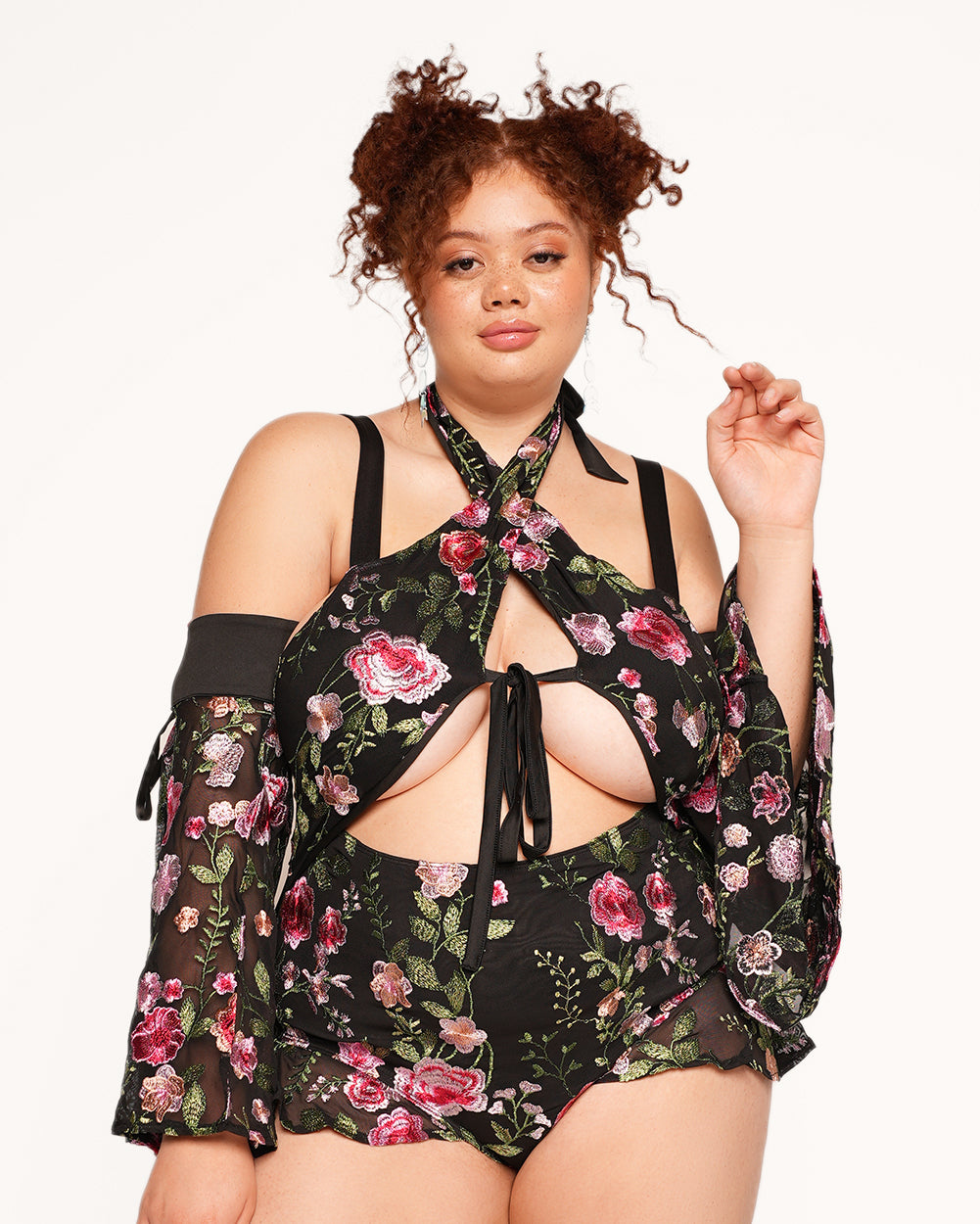 Forest Nymph Stretch Halter Lace Bodysuit Set 2.0 - Black - Image 31899488649399