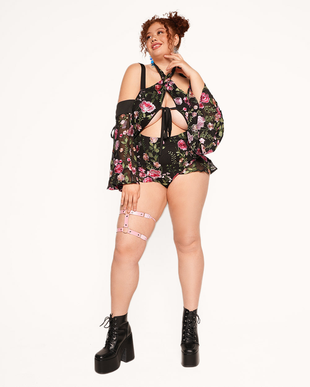 Forest Nymph Stretch Halter Lace Bodysuit Set 2.0 - Black - Image 31899488616631