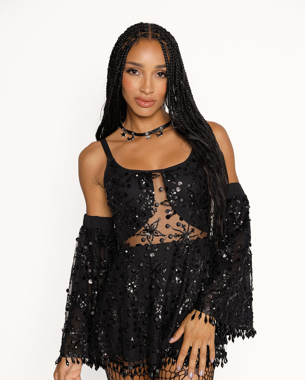 Glitter Ghoul Sequin Dress-Black-Regular-Front--Courtney---S