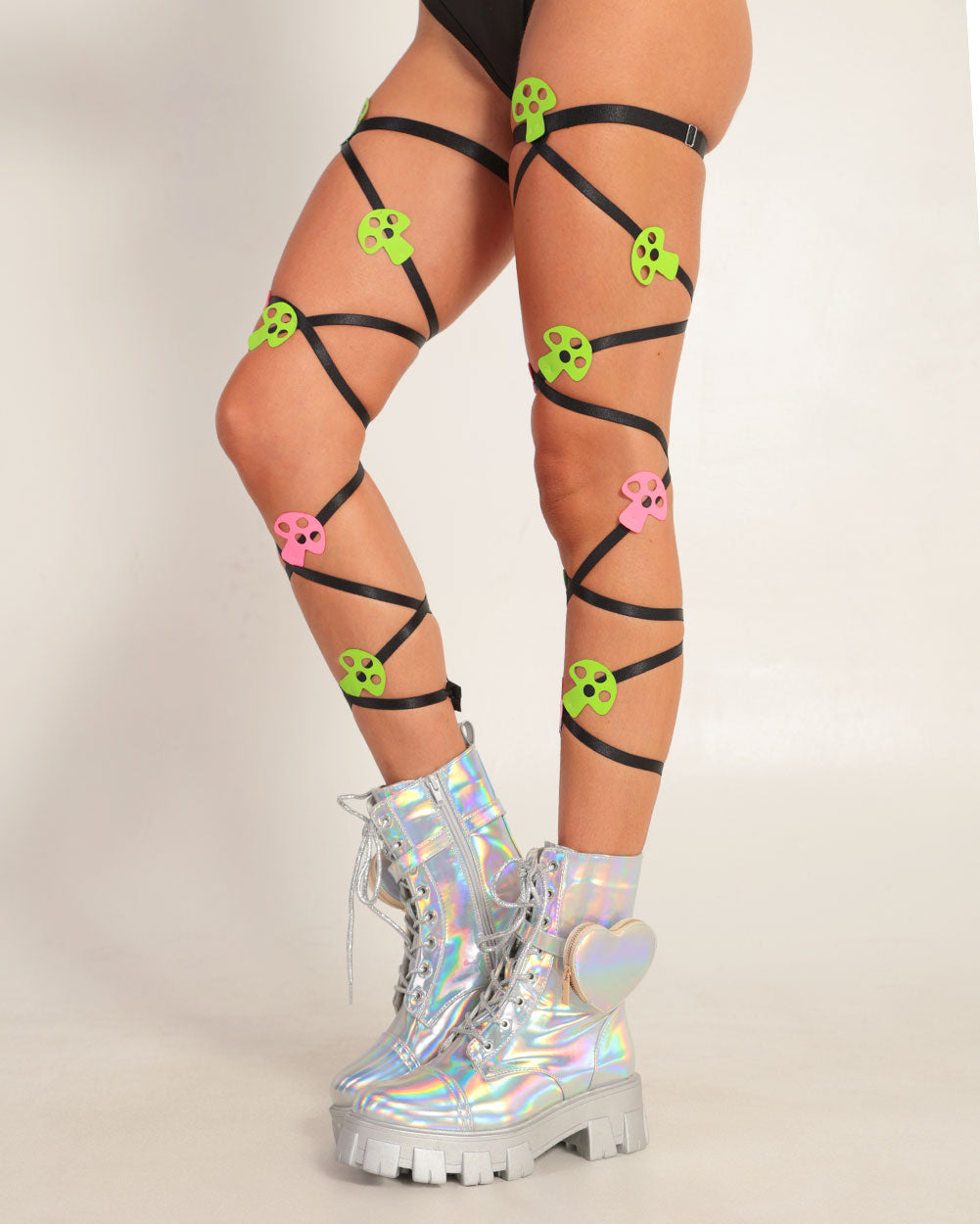 Glowy Shroomy Holo Mushroom Patch Leg Wraps-Black-Side