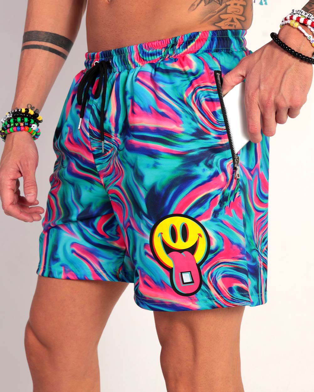 Happy Hour Trippy Shorts-Neon Blue/Neon Pink-Side--Zach---L