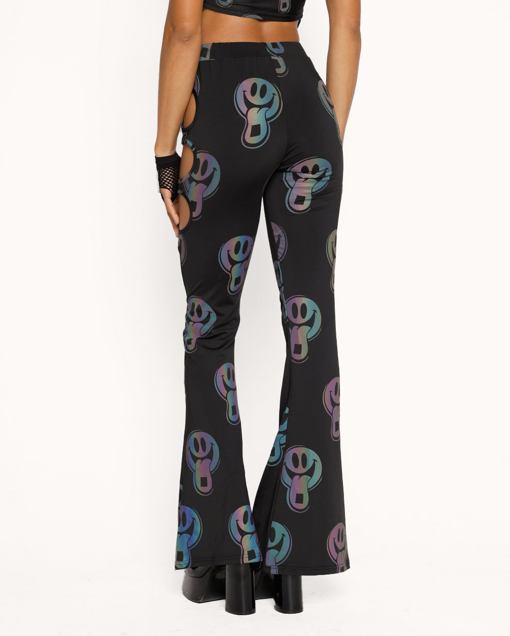 Happy Hour Rainbow Reflective Cutout Bell Bottoms-Black/Rainbow-Regular-Back--Courtney---S