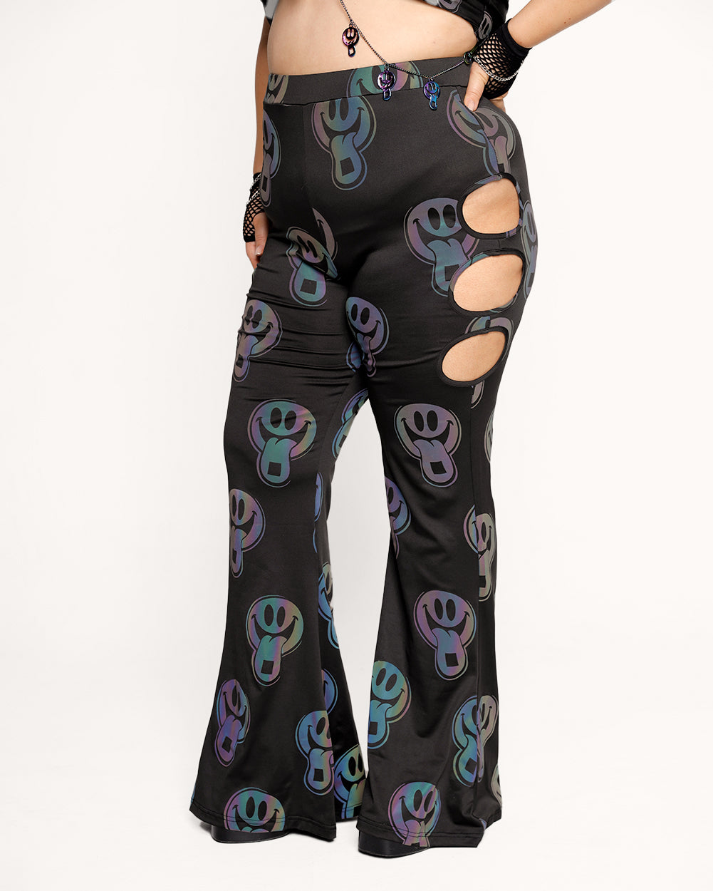 Happy Hour Rainbow Reflective Cutout Bell Bottoms-Black/Rainbow-Curve1-Front--Milani---1X