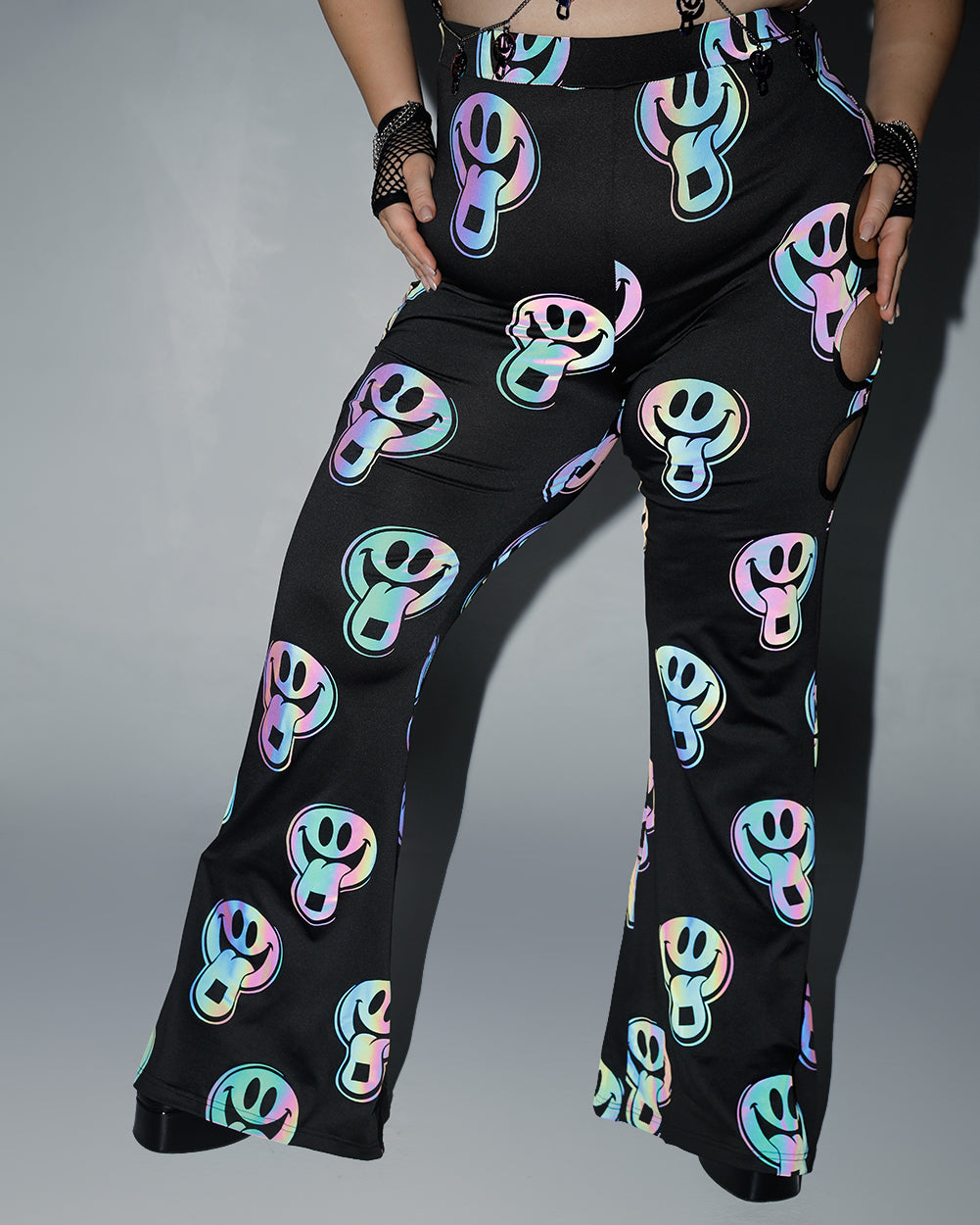 Happy Hour Rainbow Reflective Cutout Bell Bottoms-Black/Rainbow-Curve1-Reflective--Milani---1X