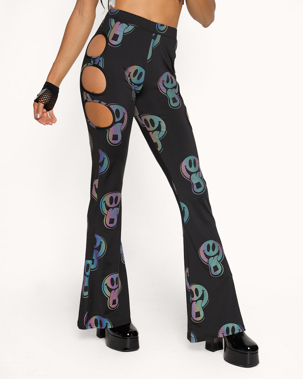 Happy Hour Rainbow Reflective Cutout Bell Bottoms-Black/Rainbow-Regular-Side--Courtney---S