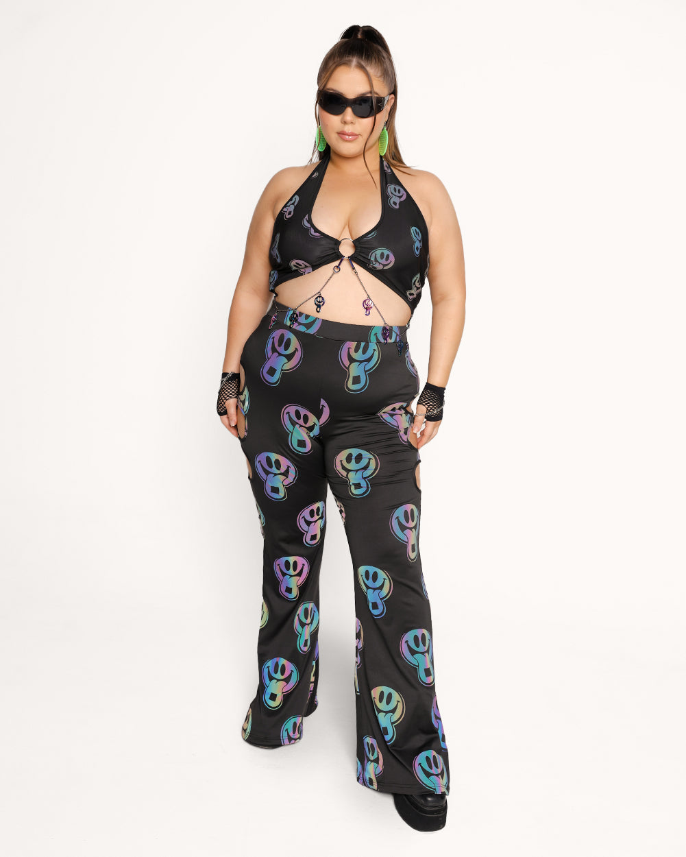 Happy Hour Rainbow Reflective Cutout Bell Bottoms-Black/Rainbow-Curve1-Full--Milani---1X