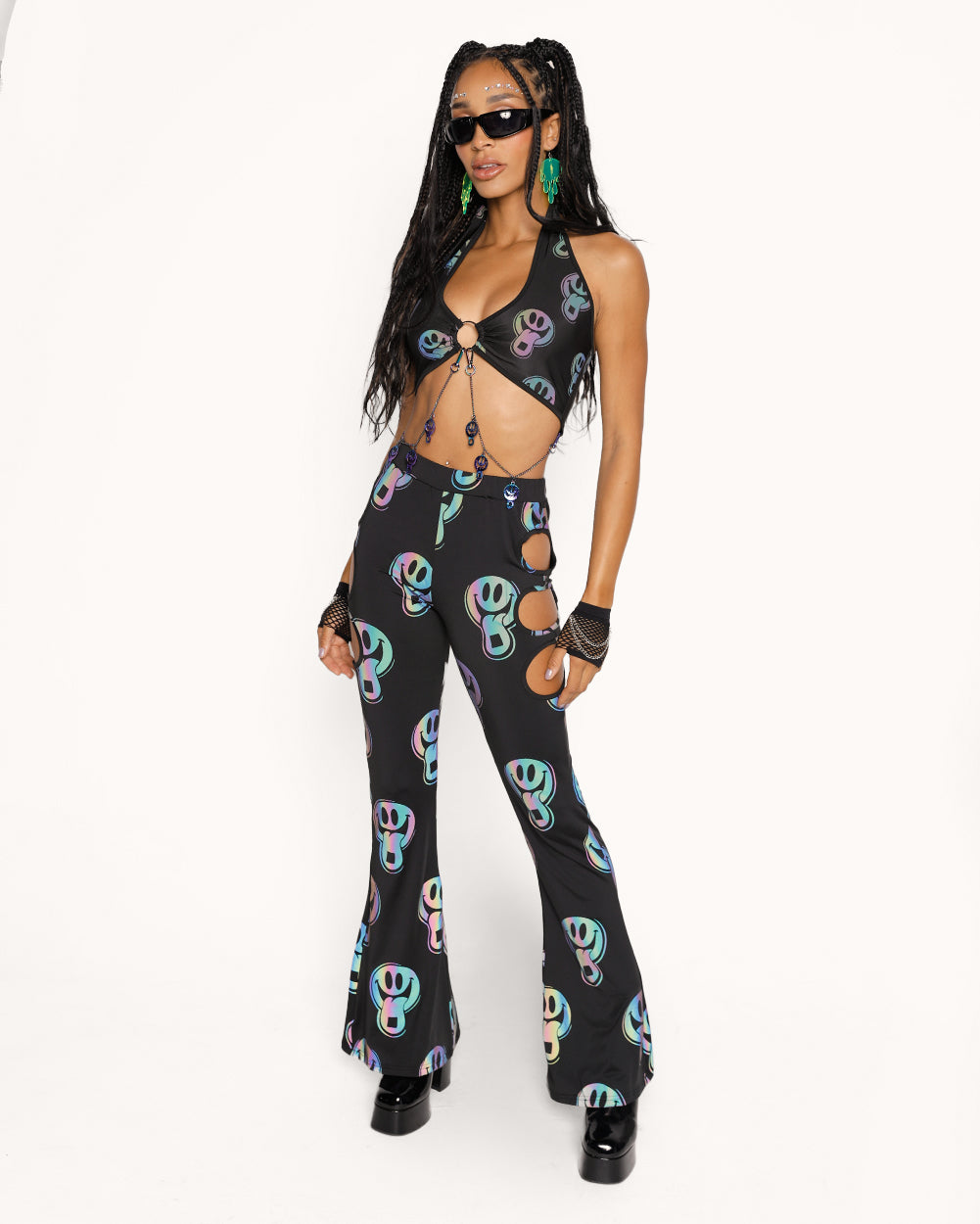 Happy Hour Rainbow Reflective Cutout Bell Bottoms-Black/Rainbow-Regular-Full--Courtney---S