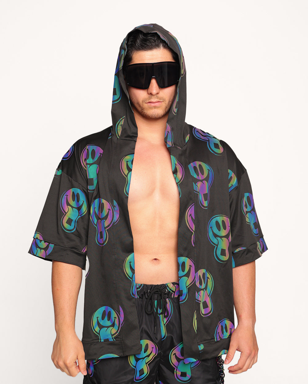 Happy Hour Rainbow Reflective Hooded Robe-Black/Rainbow-Regular-Front--Eric2---L