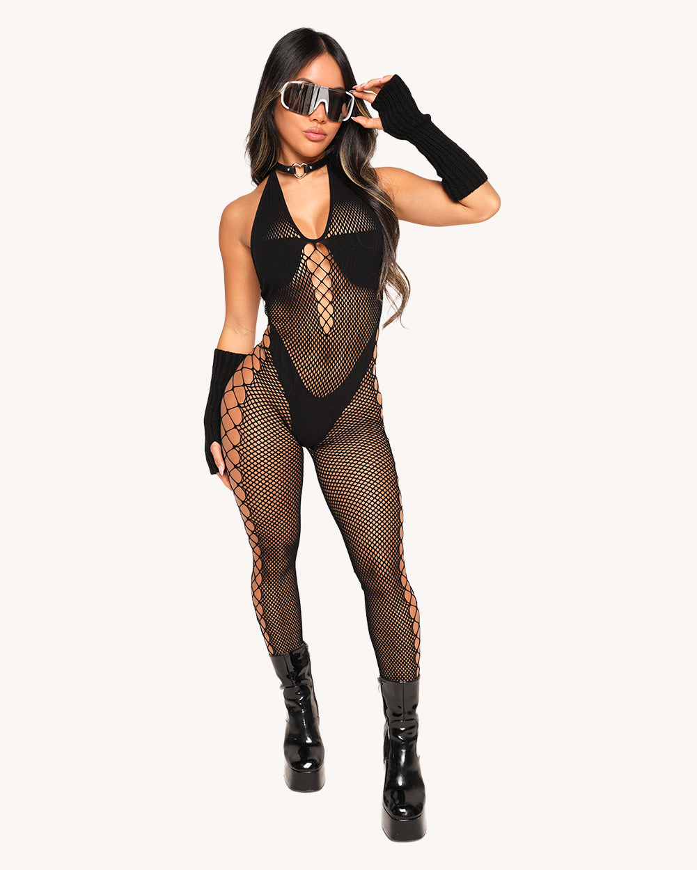 Hard Tech Fishnet Halter Jumpsuit - Image 33712740892855