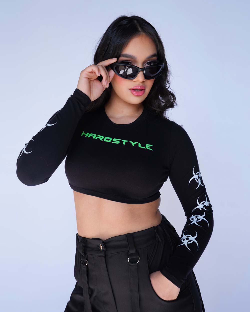 Hardstyle Hottie Long Sleeve Crop Top-Black/Green/White-Side--Amber---S