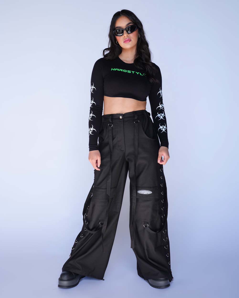 Hardstyle Hottie Long Sleeve Crop Top-Black/Green/White-Full-Amber---S