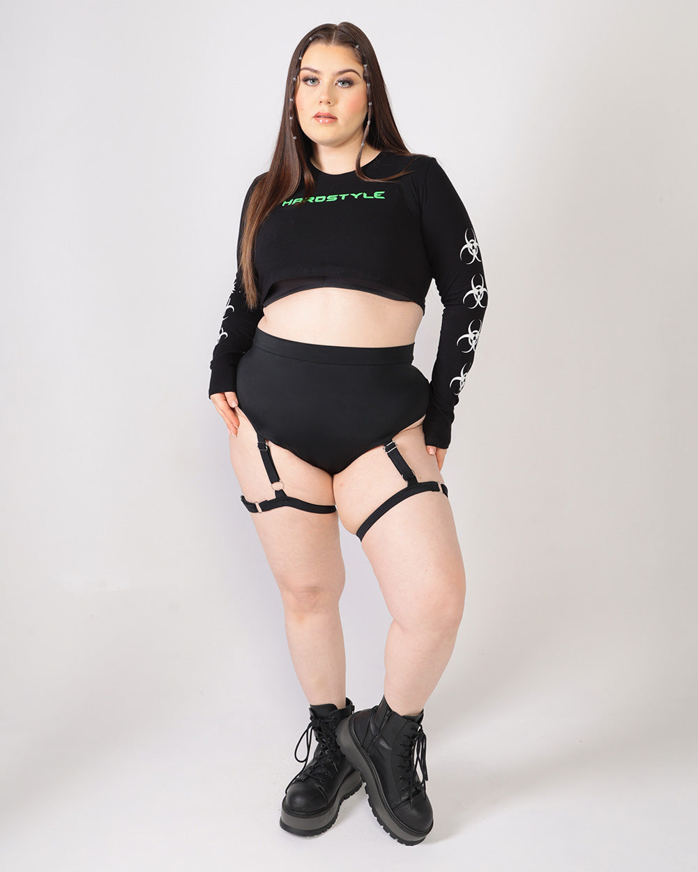 Hardstyle Hottie Long Sleeve Crop Top-Curve1-Black/Green/White-Full--Milani---1X