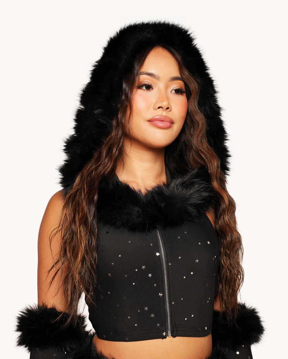 Holo Star Fur Hooded Top with Sleeves - Image 38397528572087