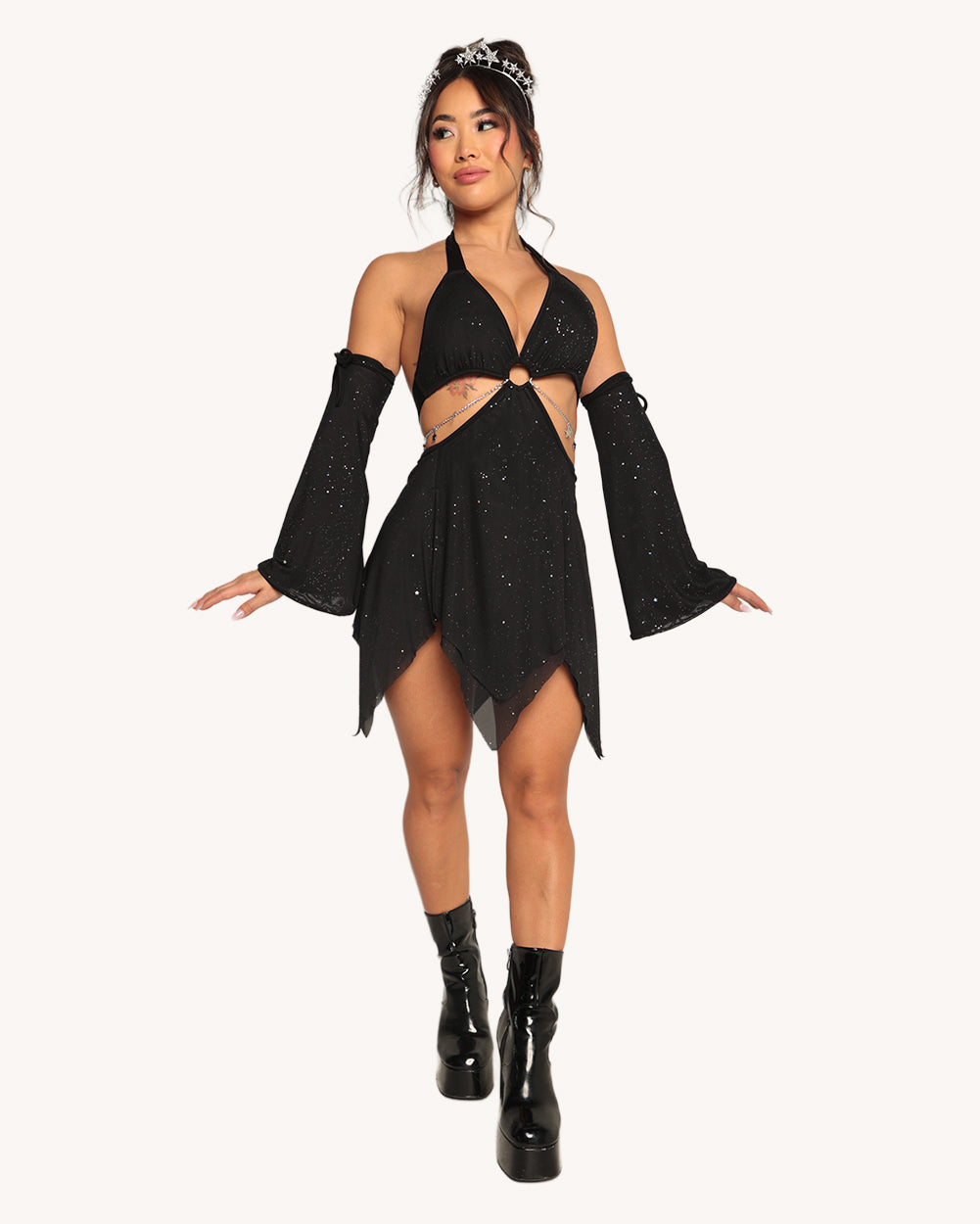 Holo Star Mesh Halter Dress with Sleeves - Image 34531756671159