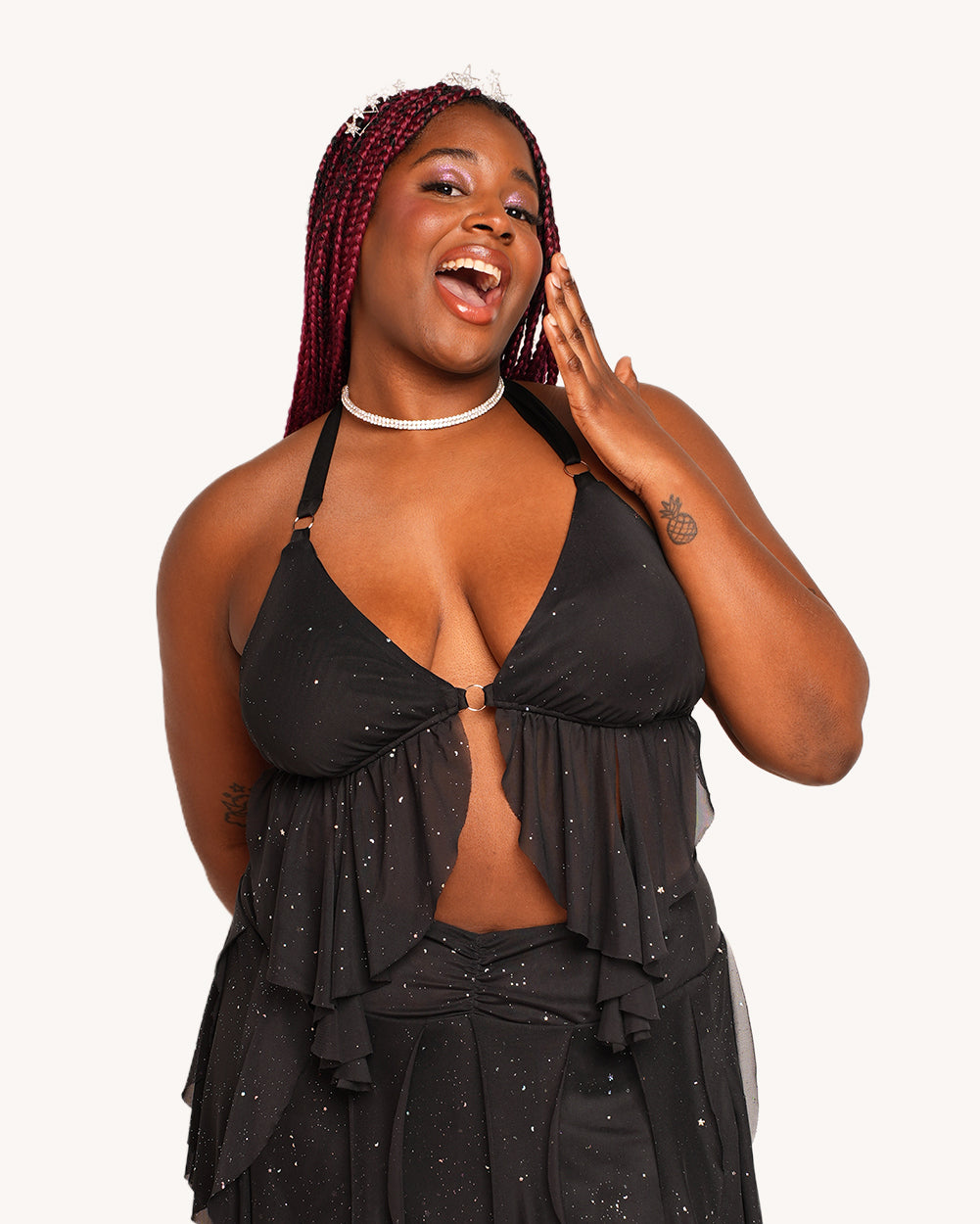 Holo Star Mesh Halter Ruffle Top - Image 3