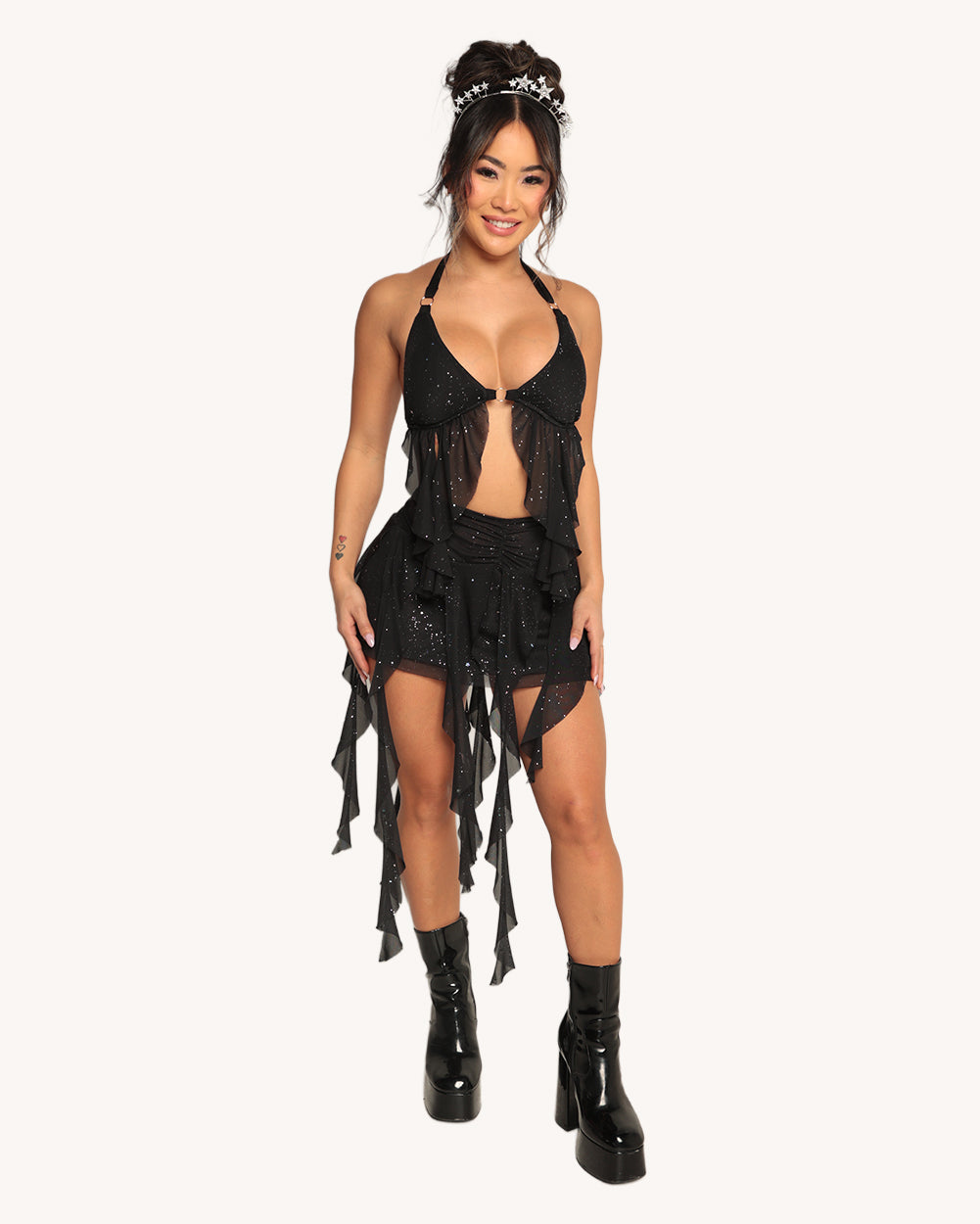 Holo Star Mesh Halter Ruffle Top - Image 34531732390071