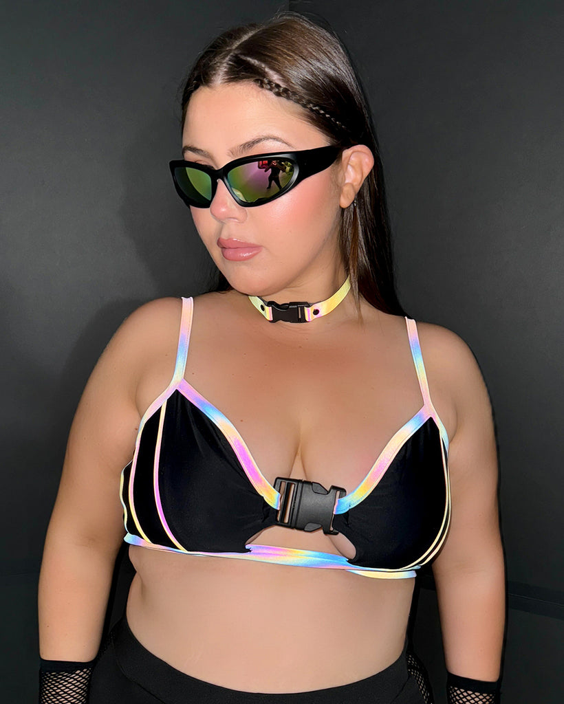 Thunder Shock Rainbow Reflective Speed Clasp Crop Top-Black/Rainbow-Curve1-Reflective--Milani---1X