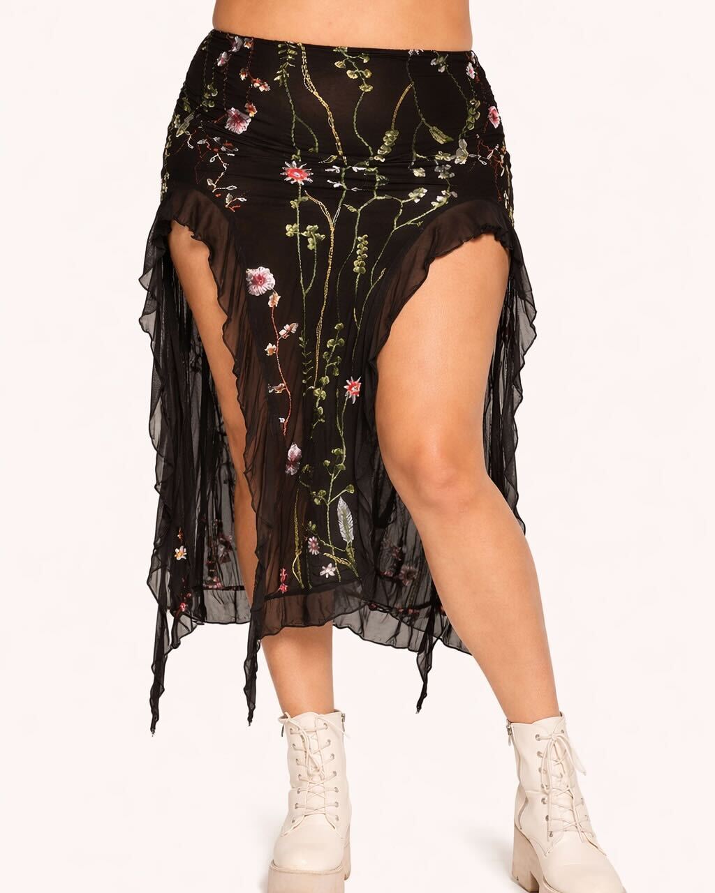 Lace Flowerfields Stretch Ruffle Maxi Skirt with Slits - Image 3