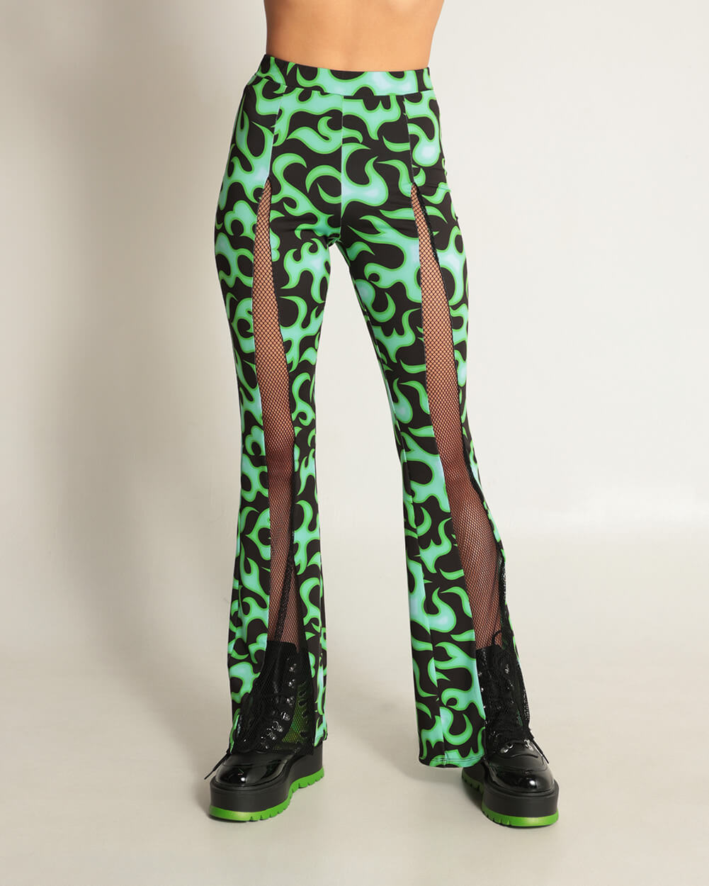 Ignite My Fire Fishnet Bell Bottom Pants-Black/Neon Green-Front--Sami---S