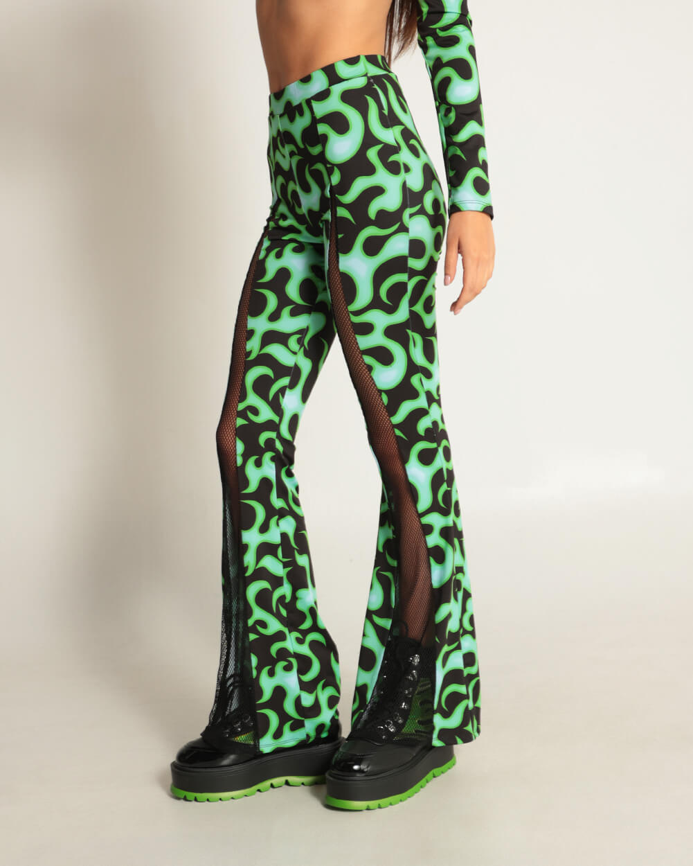 Ignite My Fire Fishnet Bell Bottom Pants-Black/Neon Green-Side--Sami---S