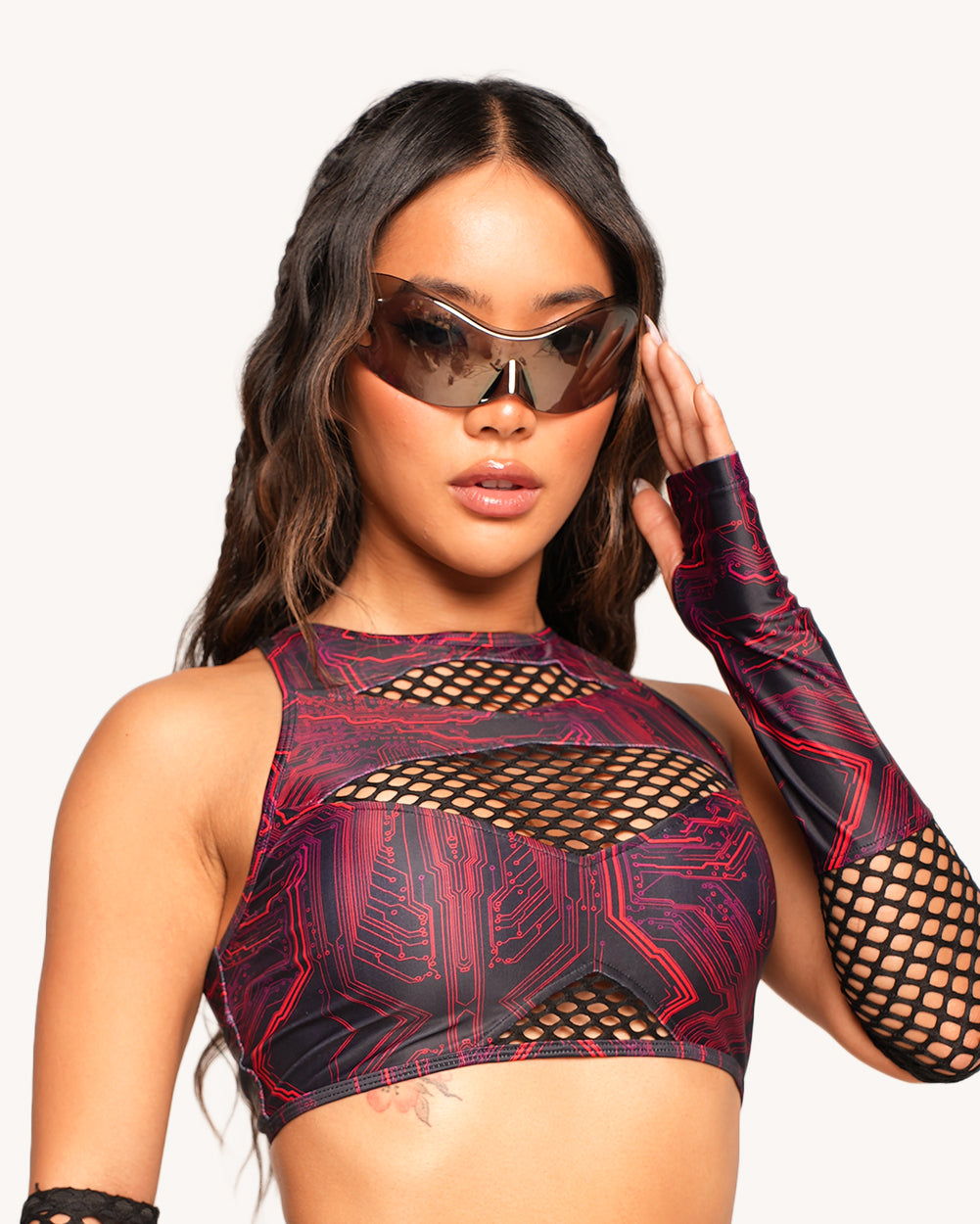 Infinite Matrix Cutout Fishnet Top with Sleeves - Image 35266590179511