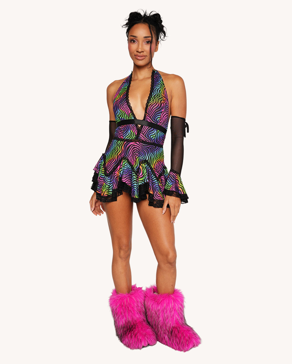 Kaleido Swirl Ruffle Halter Dress with Sleeves - Image 2