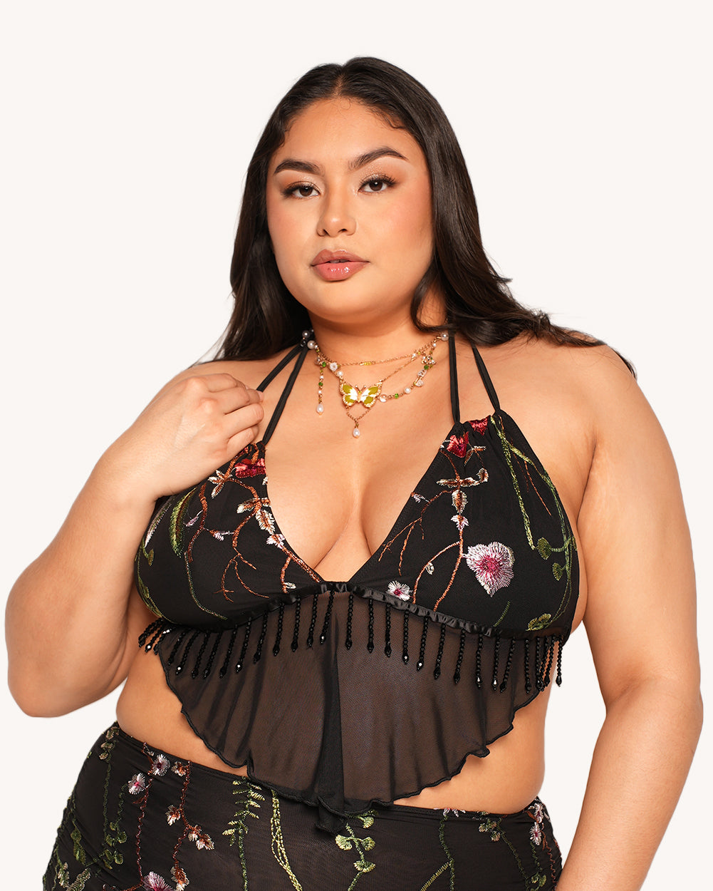 Lace Flowerfields Stretch Beaded Halter Top - Image 34839938891959