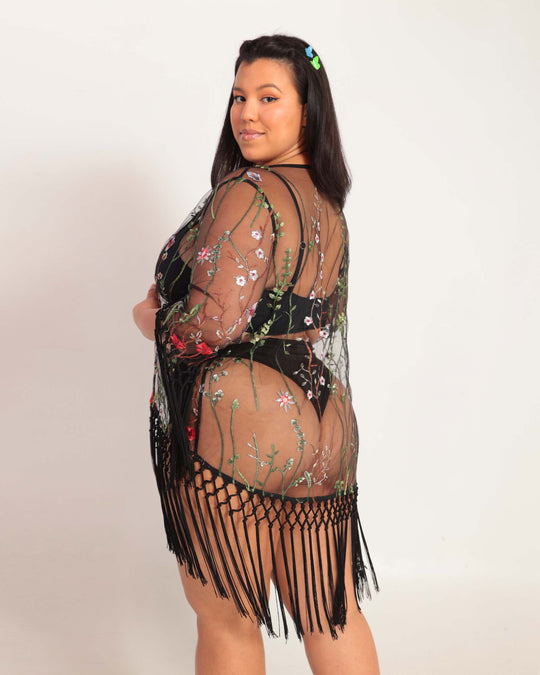 Lace Flowerfields Cropped Cover-Up-Curve1-Black-Back--Sylvia---Plus Size