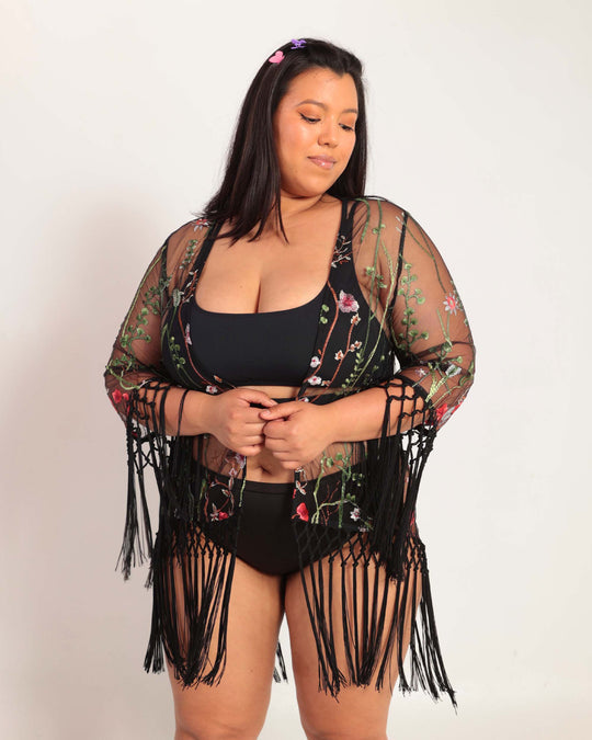Lace Flowerfields Cropped Cover-Up-Curve1-Black-Front--Sylvia---Plus Size