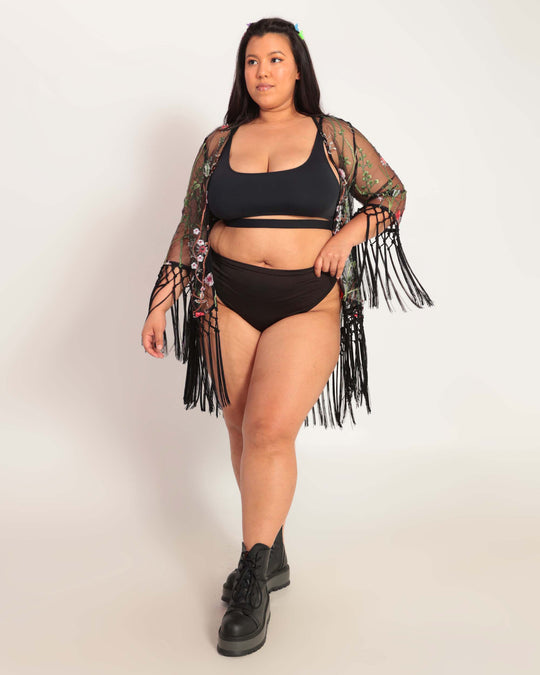 Lace Flowerfields Cropped Cover-Up-Curve1-Black-Full--Sylvia---Plus Size