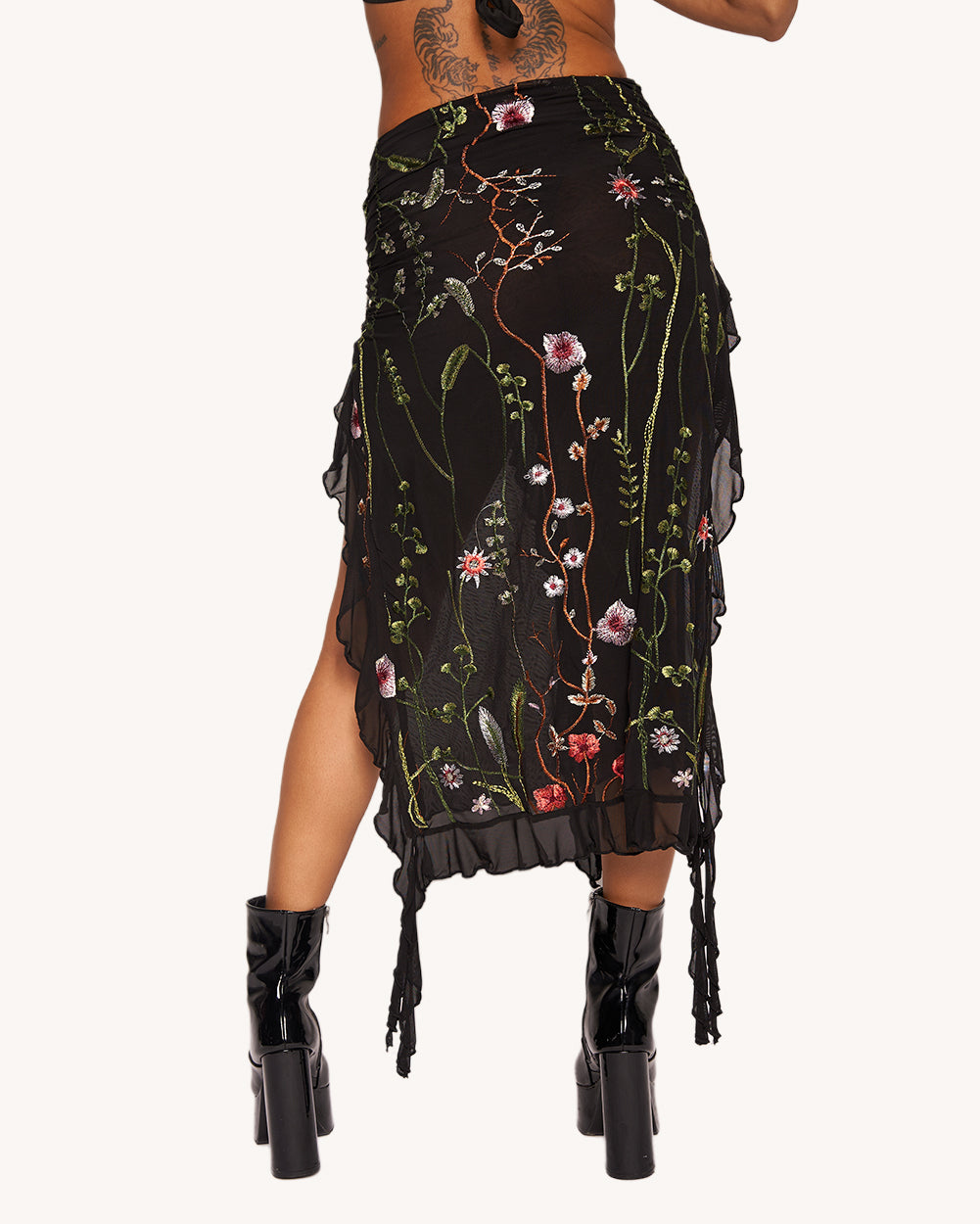 Lace Flowerfields Stretch Ruffle Maxi Skirt with Slits - Image 1