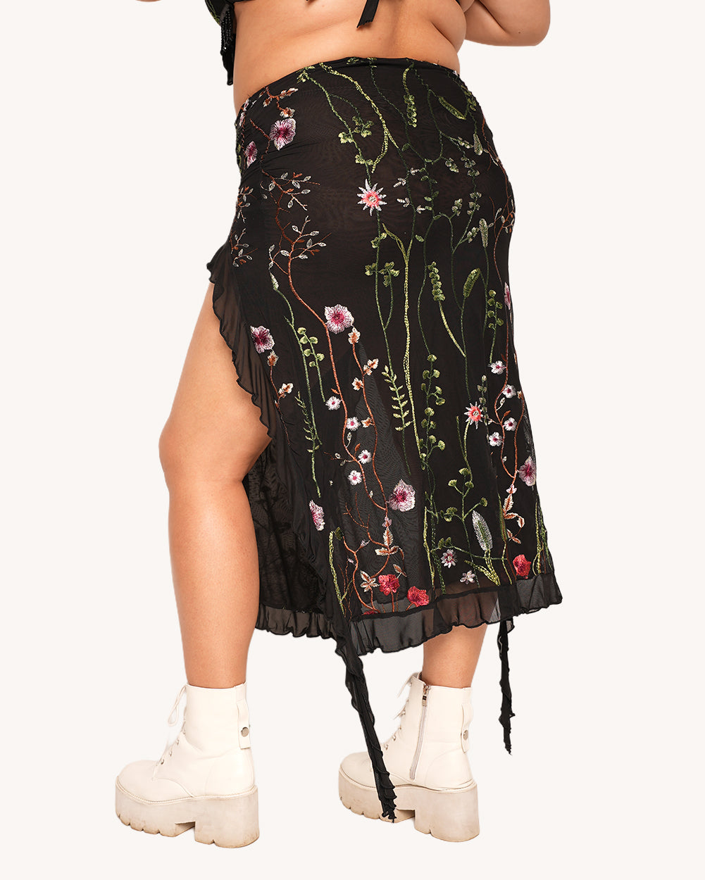 Lace Flowerfields Stretch Ruffle Maxi Skirt with Slits - Image 34839565566135