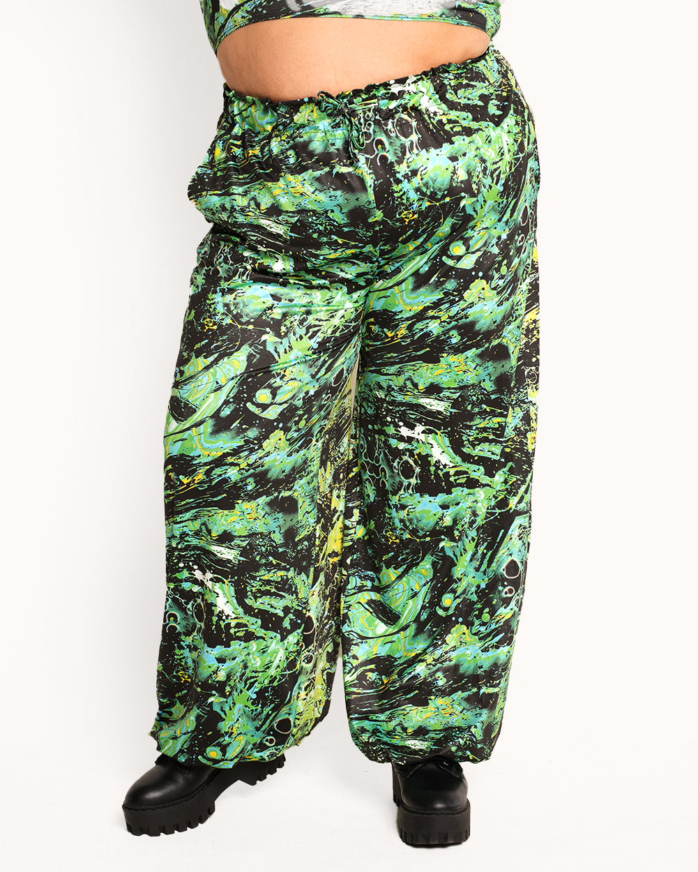 Liquid Toxin Harem Pants-Black/Neon Green-Curve1-Front--Daniella---1X