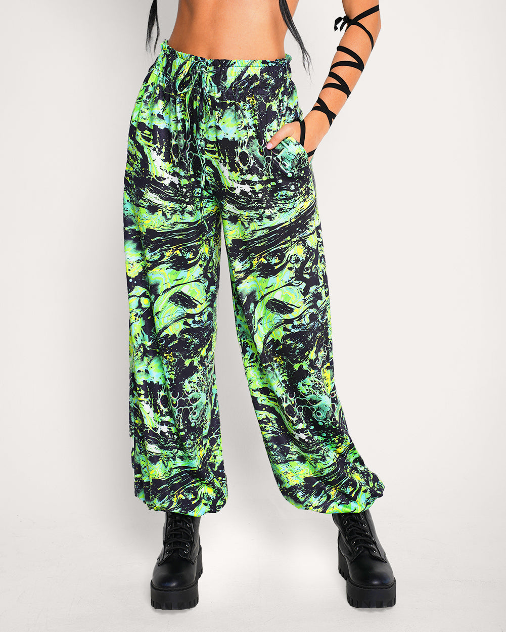 Liquid Toxin Harem Pants-Black/Neon Green-Regular-Front--Sarah2---S