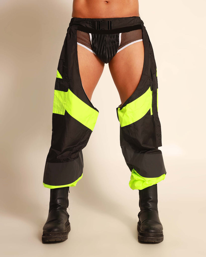 Unisex Megawatt Speed Clasp Reflective Cargo Chaps-Black/Neon Green-Front--Model---S