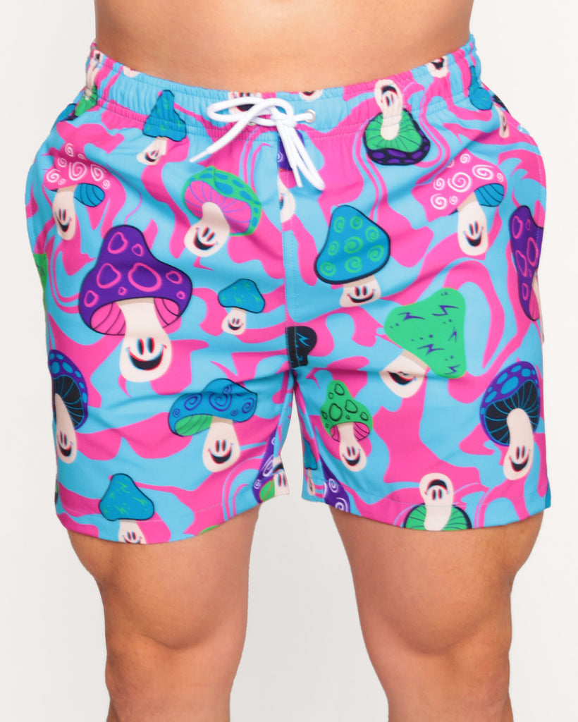 Mushroom Fiesta Men's Shorts-Blue/Green/Pink-Regular-Front--Eric2---L