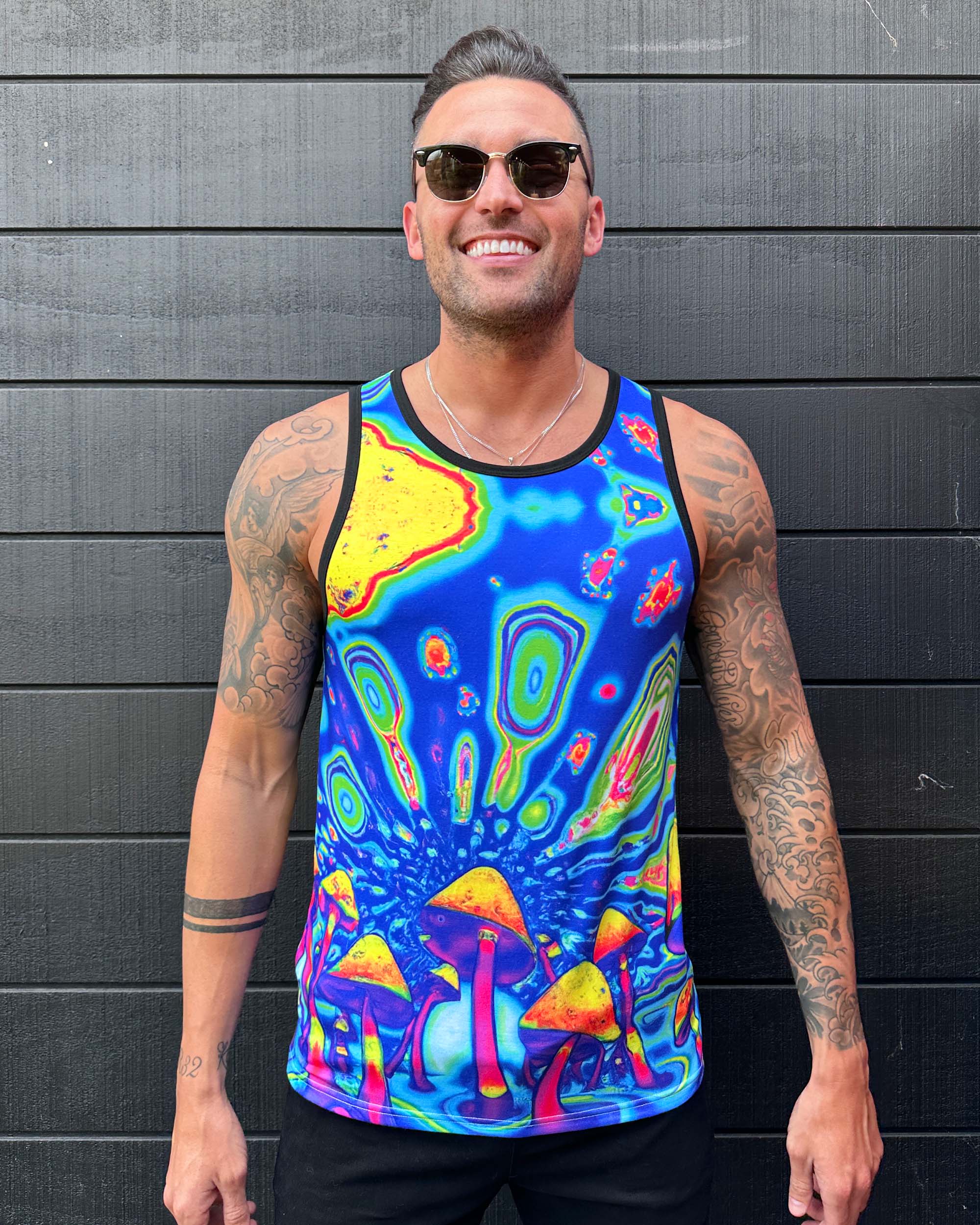 Waking Dream Mushroom Men's Tank-Neon Blue/Neon Pink/Yellow-Front--Zach---L