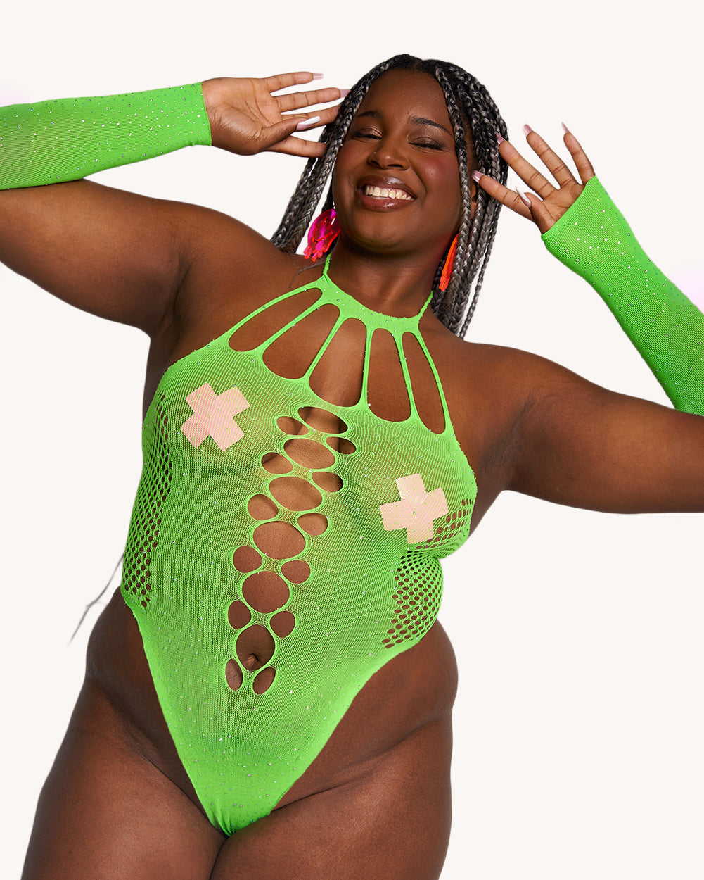 Neon Pulse Rhinestone Bodysuit with Sleeves - Image 35958583558327