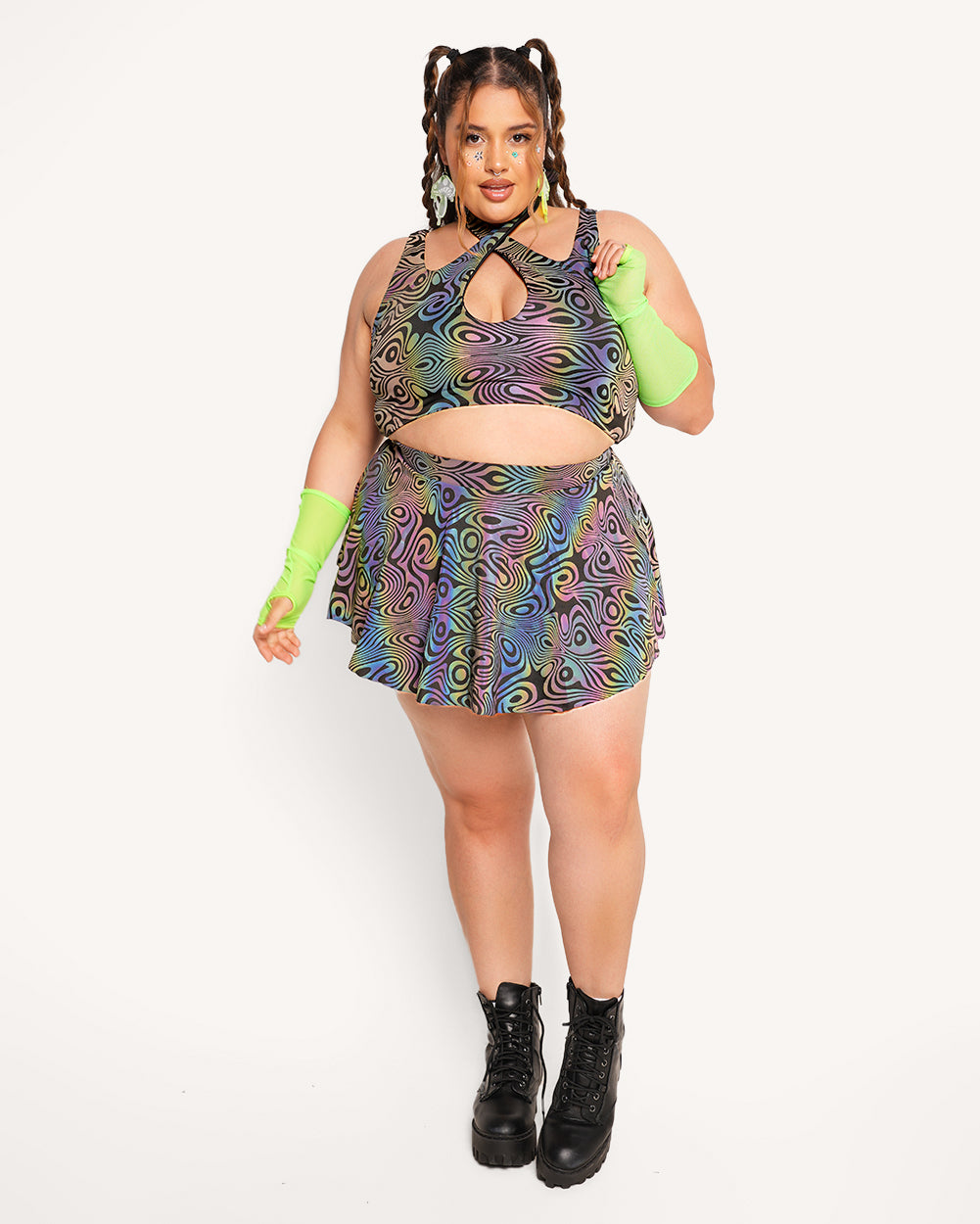 Parallel Universe Rainbow Reflective Skater Skirt-Black/Rainbow-Curve1-Full--Daniella---1X