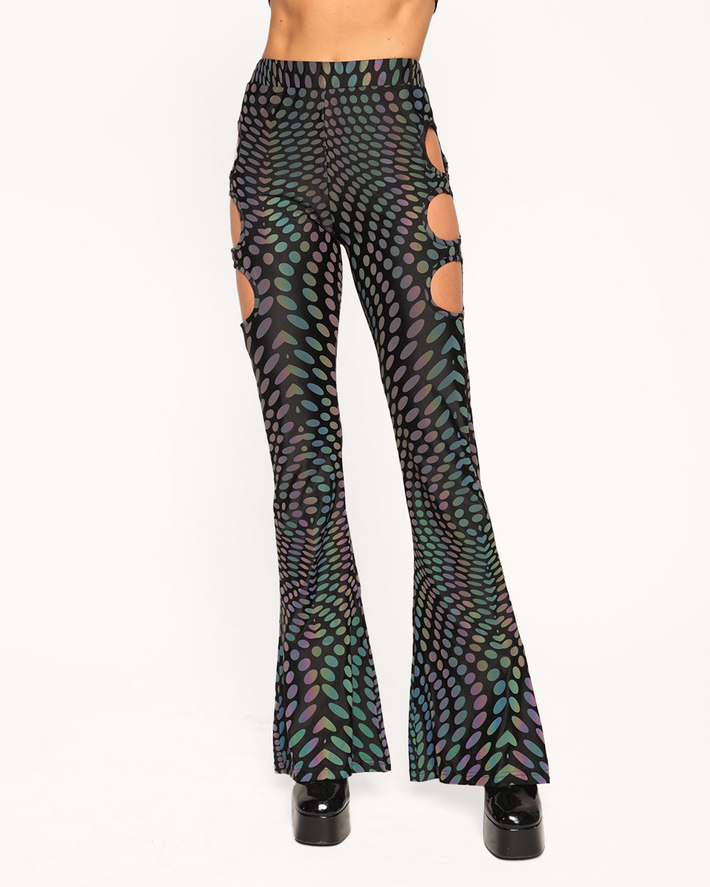 Pixel Perfect Rainbow Reflective Cutout Bell Bottoms-Black/Rainbow-Regular-Front--Liberty---S