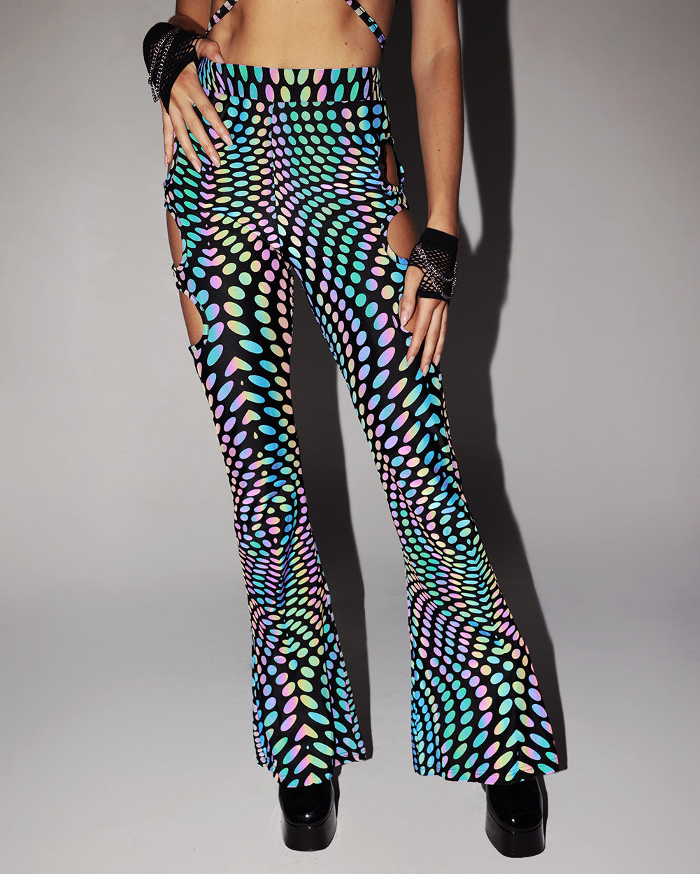 Pixel Perfect Rainbow Reflective Cutout Bell Bottoms-Black/Rainbow-Regular-Reflective--Liberty---S