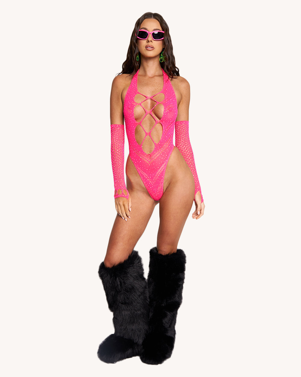 Pink Voltage Rhinestone Bodysuit with Sleeves - Image 3