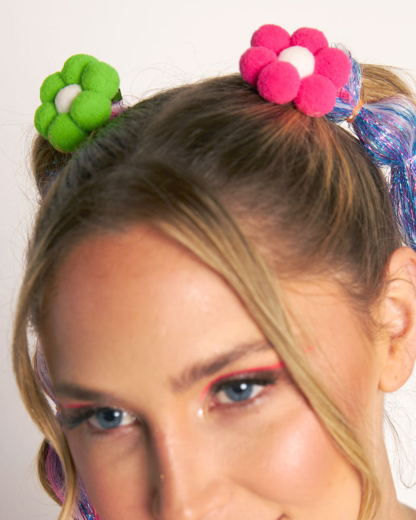 Poppy Petals 4-Pair Set Neon Floral Hair Clips-Neon Green/Neon Orange/Neon Pink/Neon Yellow-Regular-Front--Liberty---S