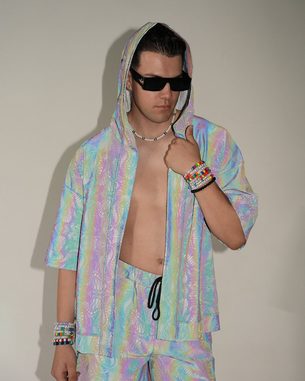 Pure Euphoria White Rainbow Reflective Hooded Robe - Image 32288777535671