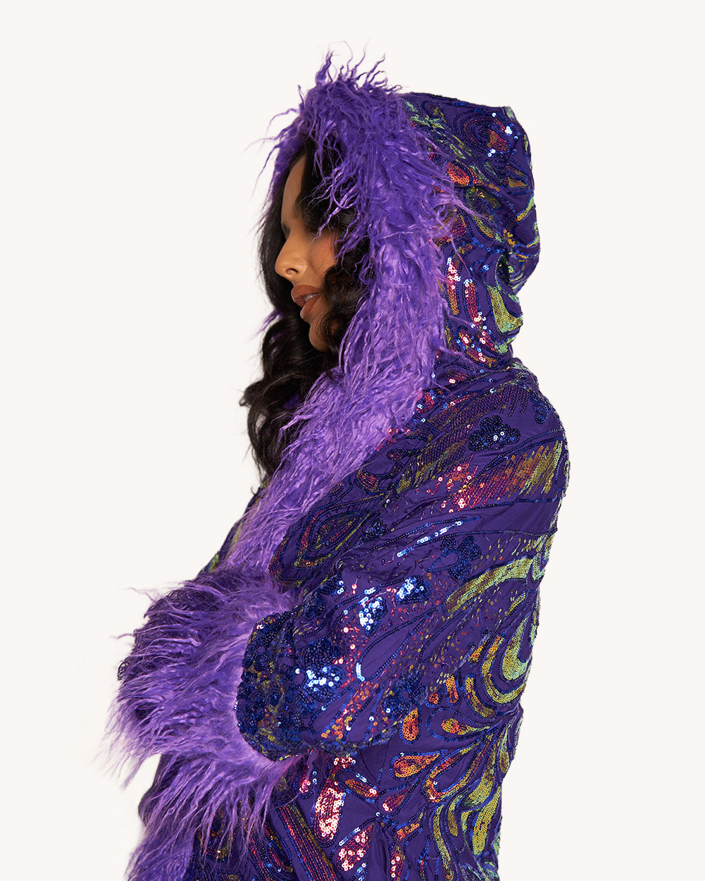 Rave Royalty Faux Fur Sequin Coat - Image 34809289244855