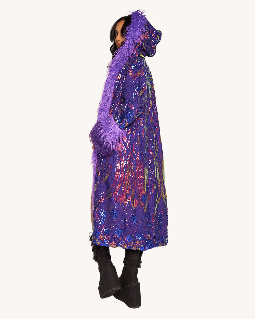 Rave Royalty Faux Fur Sequin Coat - Image 34809289277623
